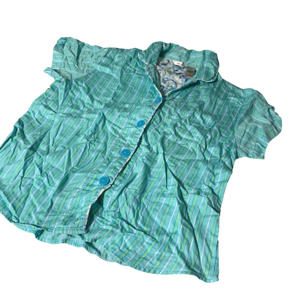 Adonna Pajama Set Large Teal Green Striped Cotton Button Front Short Sleeve PJs